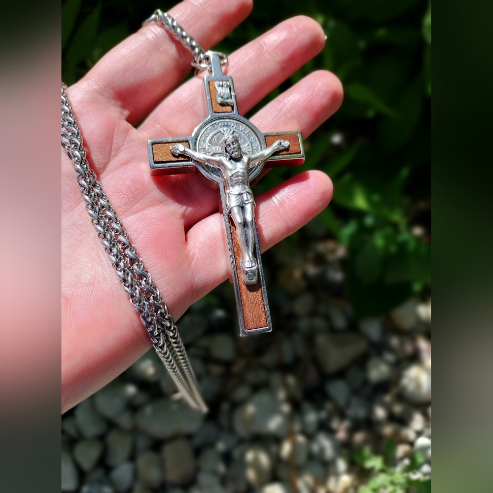Silver & Brown Crucifix Pendant Necklace - Picture 10 of 10